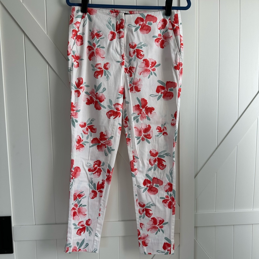 ZARA Basic Floral Casual Pants – White & Red – Size Small Summer Office